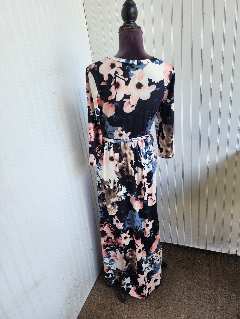 Zattcas Women's 3/4 Sleeve Floral Faux Wrap Maxi Dress w/ Belt Soft White Pink M - Picture 7 of 14